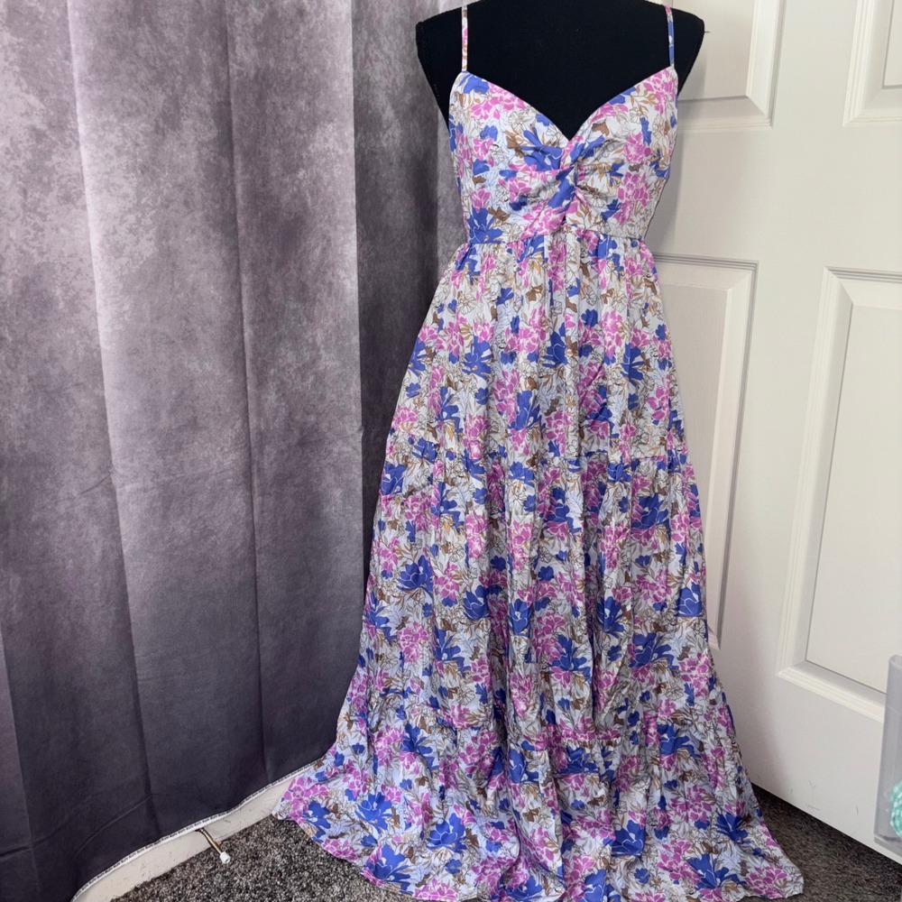 JoFlower Sloan Maxi Dress Sz Large Tie Back Blue Pink Floral Cottagecore $198